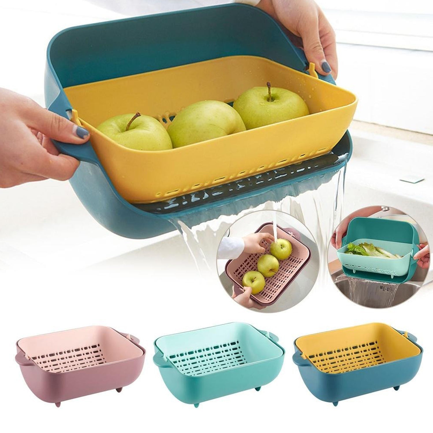 2717 Multifunctional BPA Free Double Layered Plastic Rotatable Strainer Bowl with Handles for Washing, Rinsing, Serving Vegetables & Fruits (Multicolor) 2717 Multifunctional BPA Free Double Layered Plastic Rotatable Strainer Bowl with Handles for Washing, Rinsing, Serving Vegetables & Fruits (Multicolor)